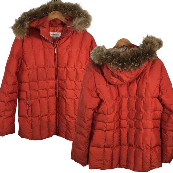 Calvin Klein Fur Hooded Goose Down Puffer Jacket M - Picture 1 of 5